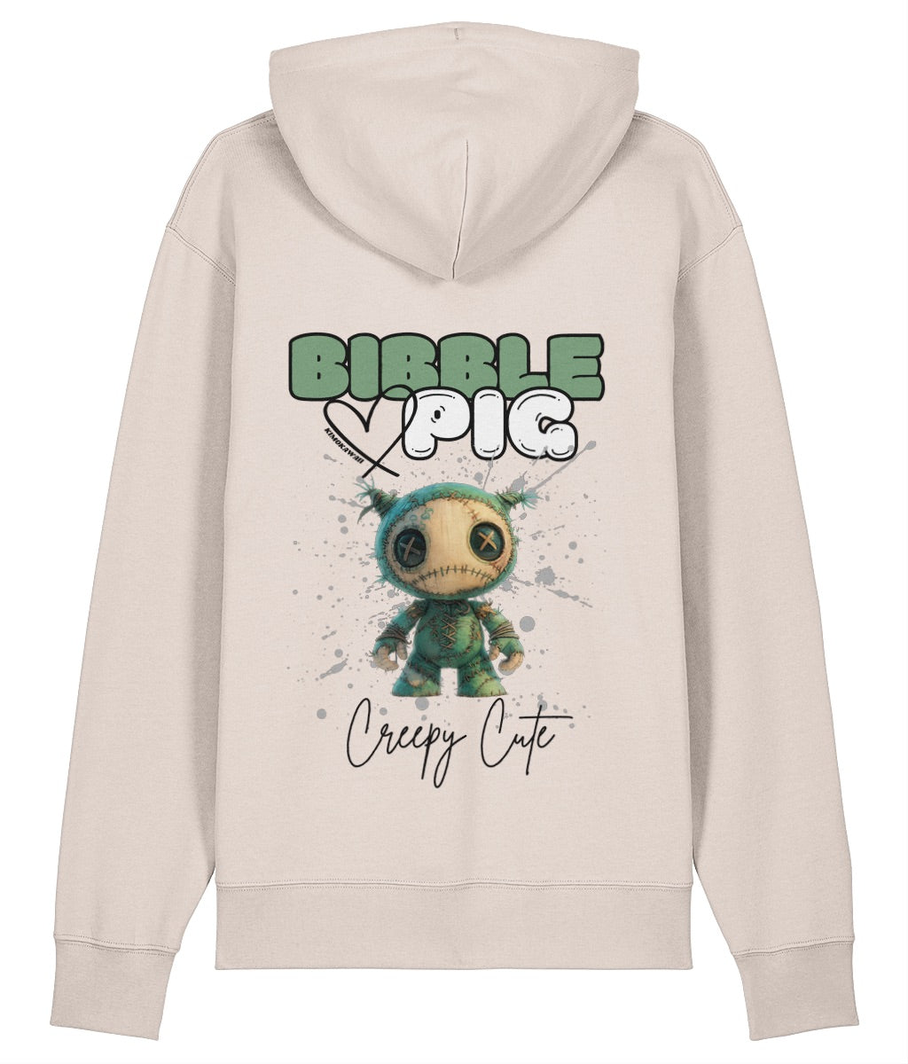 Back view of a cream oversized organic hoodie with our Bibble Pig Signature Bold Logo and Creepy Cute Night Terror Doll Graphic. 
