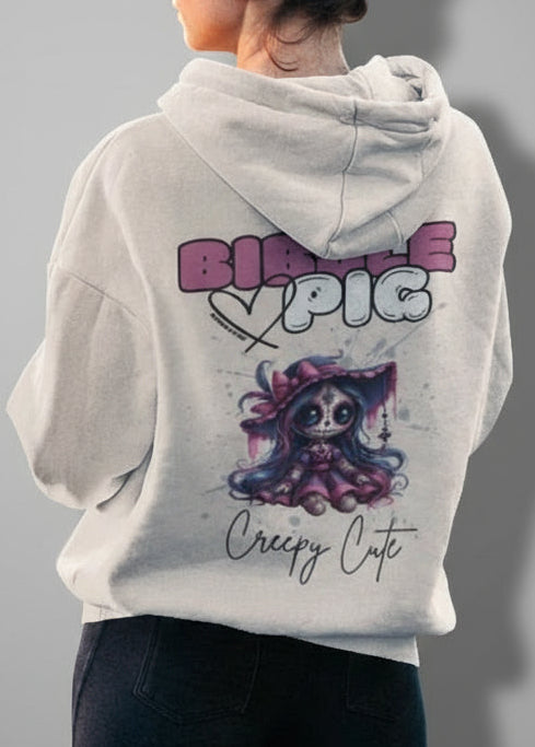 Close up of a model wearing an eco-heather organic hoodie featuring goth style creepy cute Hexberry Voodoo style graphic. 