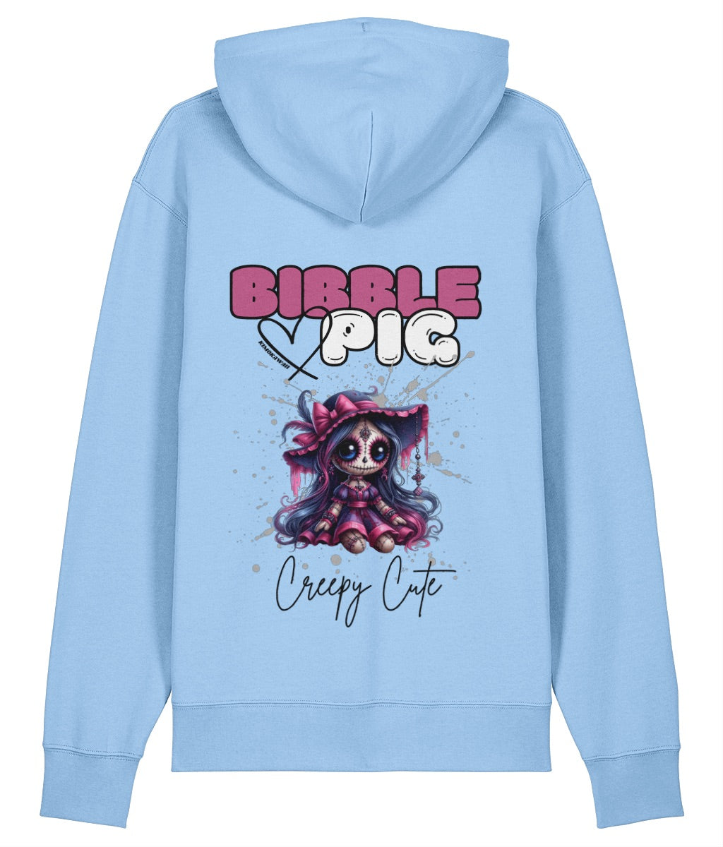 Back view of a blue oversized organic hoodie with our Bibble Pig Signature Bold Logo and Creepy Cute Hexberry Doll Graphic.