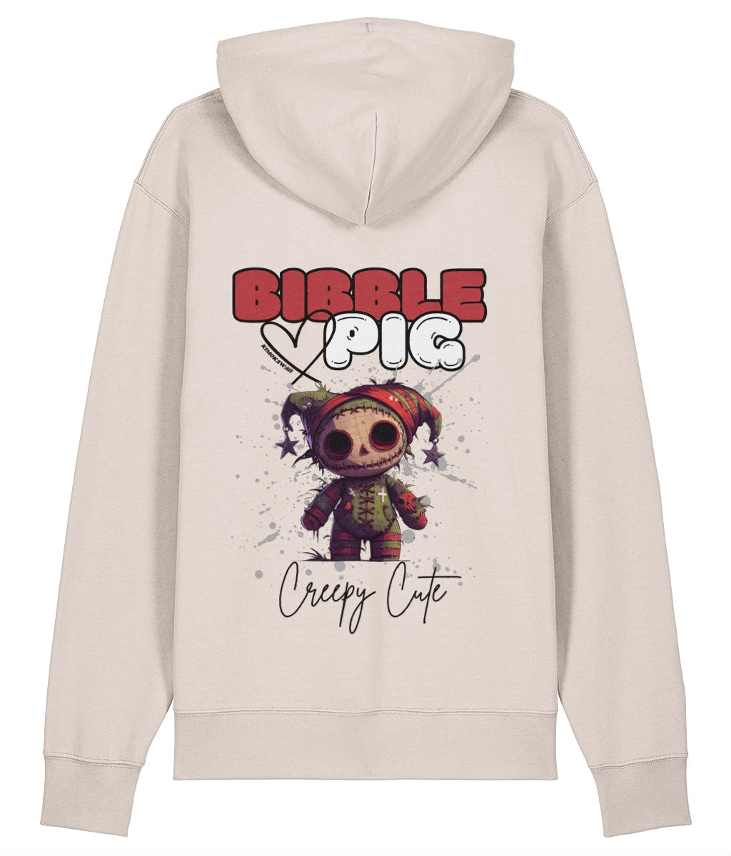 Cream organic hoodie with a voodoo style doll graphic and large Bibble Pig Logo and large heart.