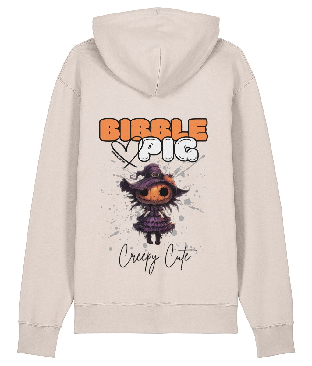 Back view of an eco heather oversized organic hoodie with our Bibble Pig Signature Bold Logo and Creepy Cute Pumpkin Willow Doll Graphic. 