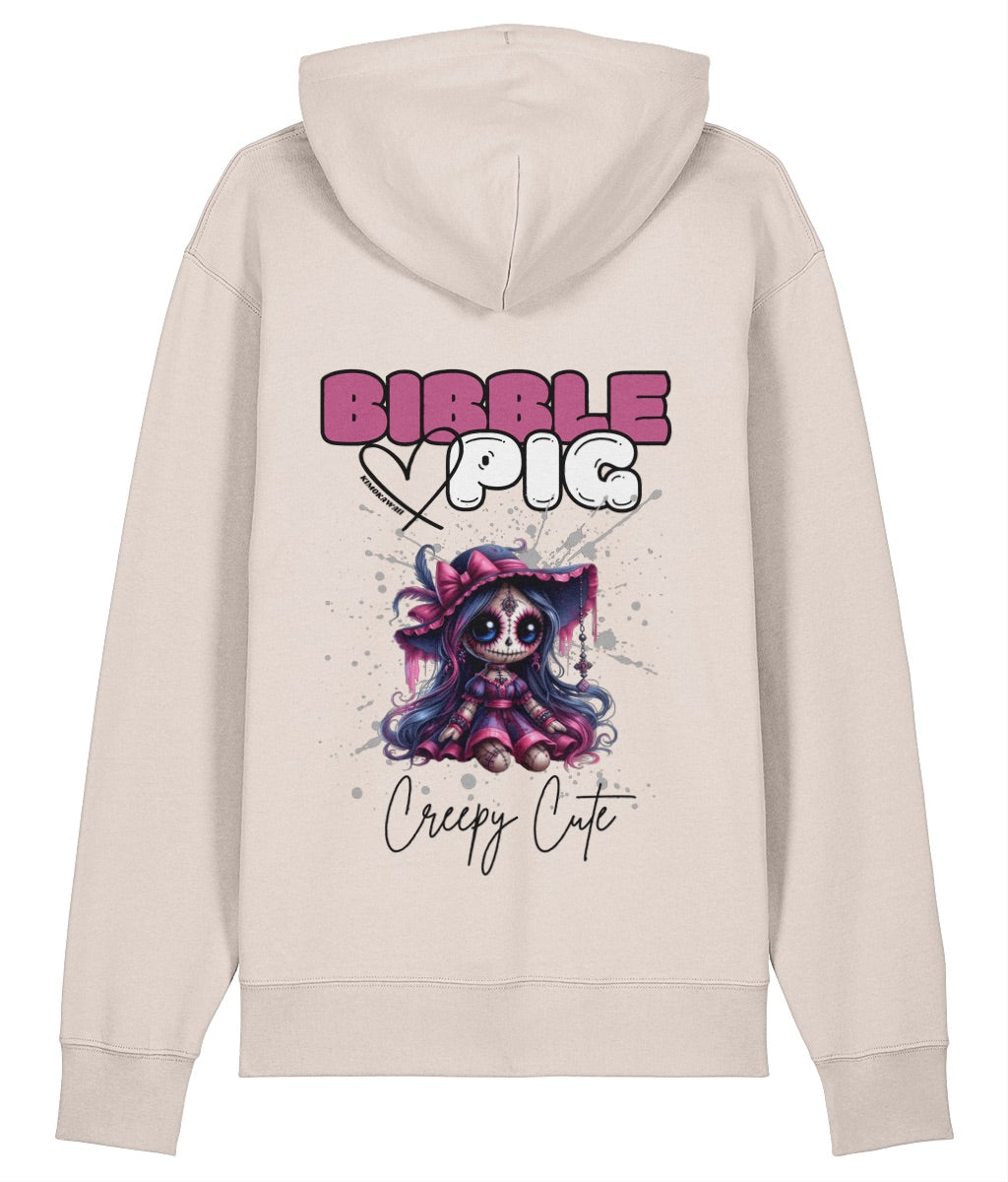 Back view of an eco-heather oversized organic hoodie with our Bibble Pig Signature Bold Logo and Creepy Cute Hexberry Doll Graphic.