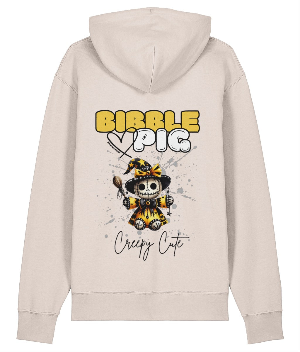 Back view of an eco-heather oversized organic hoodie with our Bibble Pig Signature Bold Logo and Creepy Cute Soul Creeper Doll Graphic.