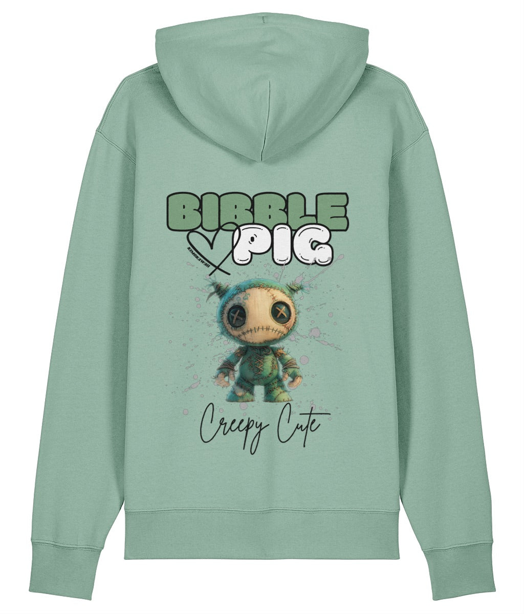 Back view of a green oversized organic hoodie with our Bibble Pig Signature Bold Logo and Creepy Cute Night Terror Doll Graphic.  