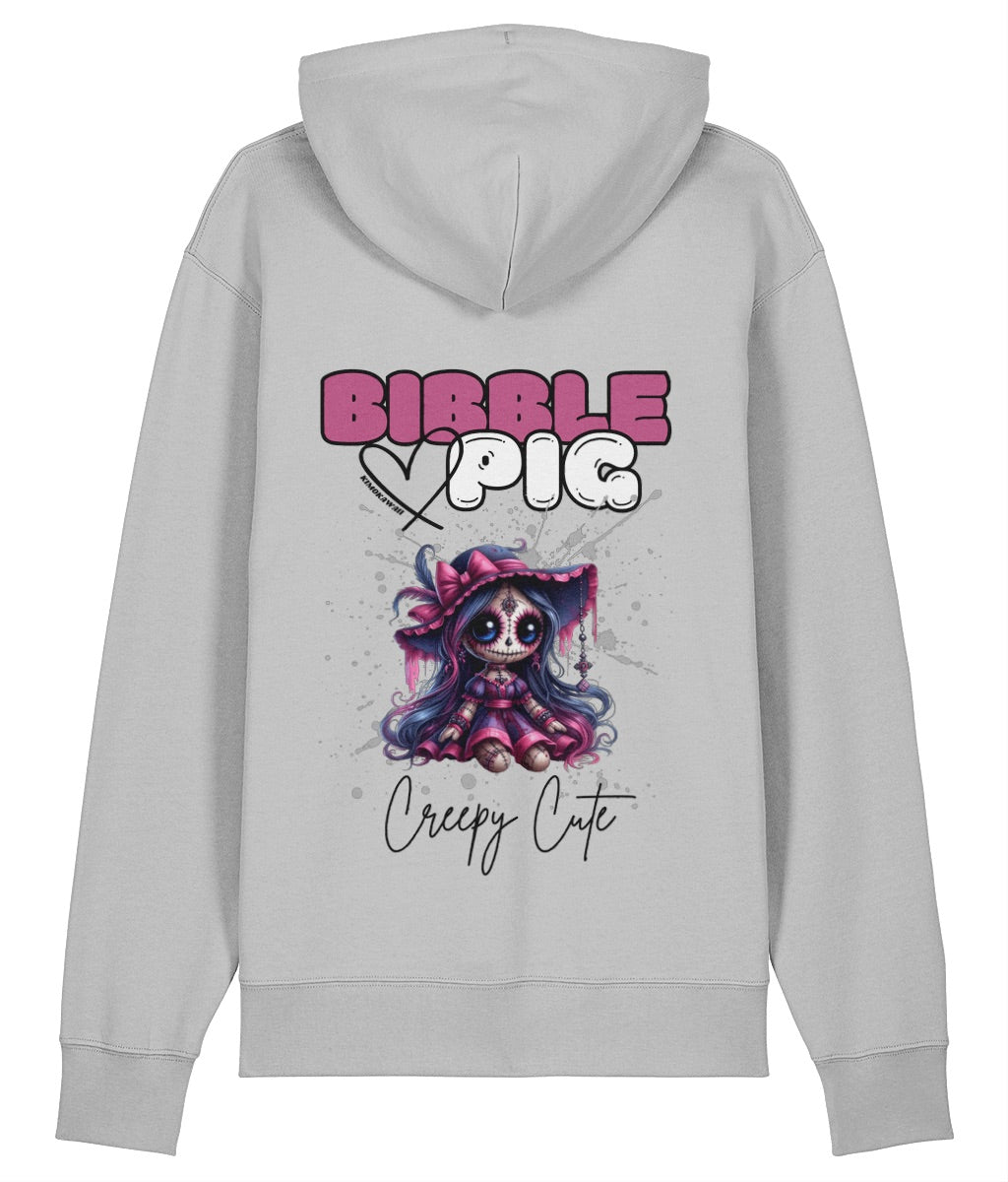 Back view of a grey oversized organic hoodie with our Bibble Pig Signature Bold Logo and Creepy Cute Hexberry Doll Graphic.