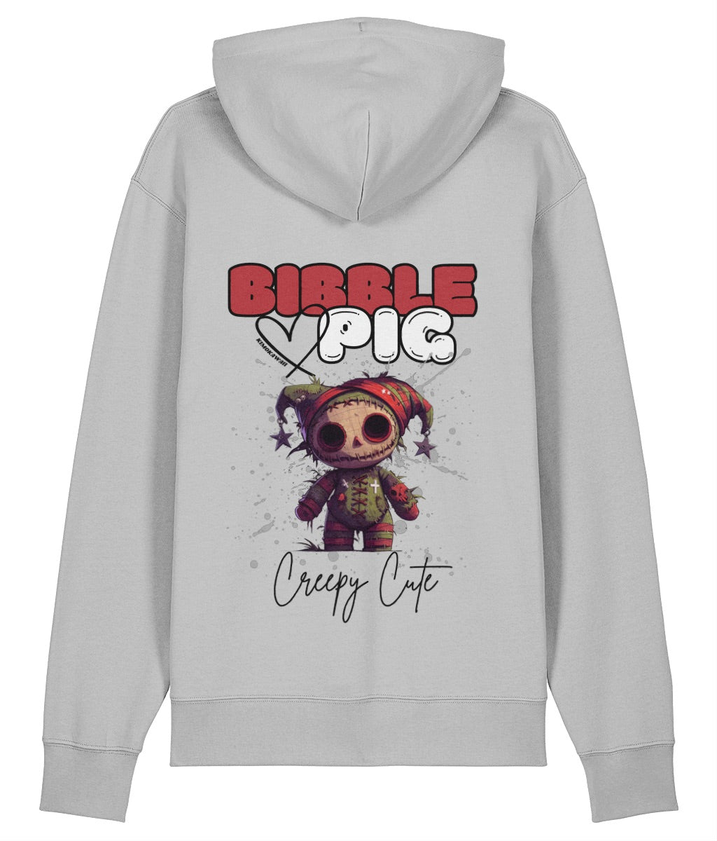 Grey organic hoodie with a voodoo style doll graphic and large Bibble Pig Logo and large heart.