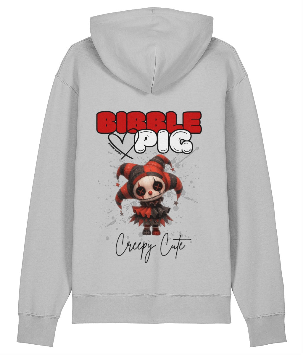 Back view of a grey oversized organic hoodie with our Bibble Pig Signature Bold Logo and Creepy Cute Luna Jester Doll Graphic.  