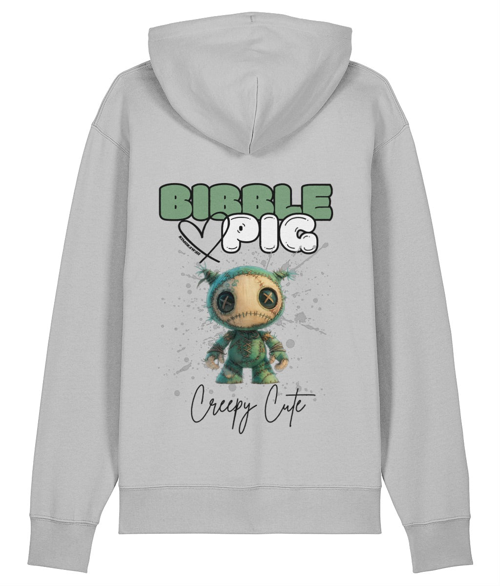 Back view of a grey oversized organic hoodie with our Bibble Pig Signature Bold Logo and Creepy Cute Night Terror Doll Graphic.  