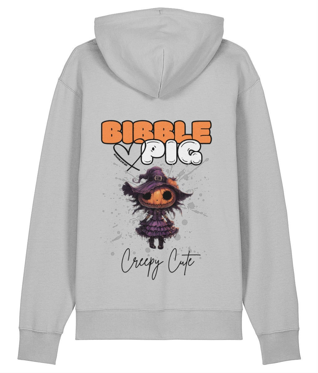 Back view of a grey oversized organic hoodie with our Bibble Pig Signature Bold Logo and Creepy Cute Pumpkin Willow Doll Graphic. 