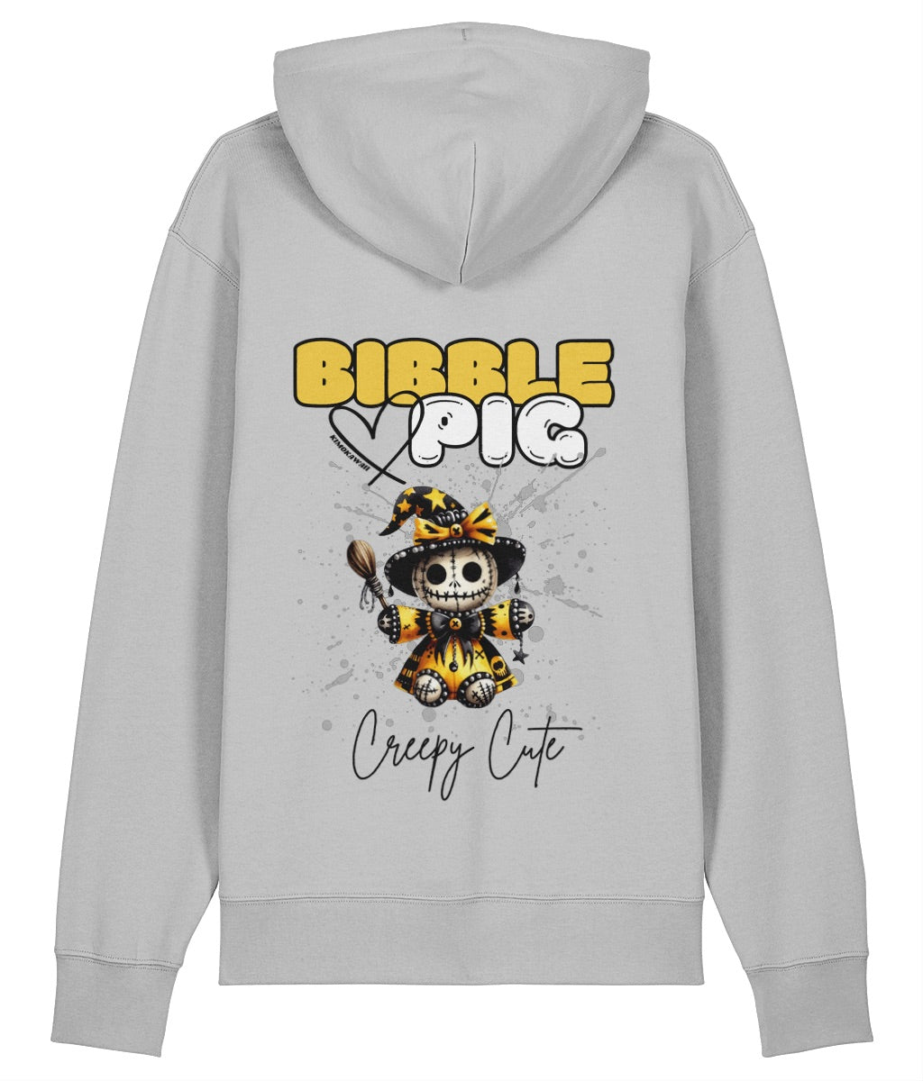 Back view of an grey oversized organic hoodie with our Bibble Pig Signature Bold Logo and Creepy Cute Soul Creeper Doll Graphic.