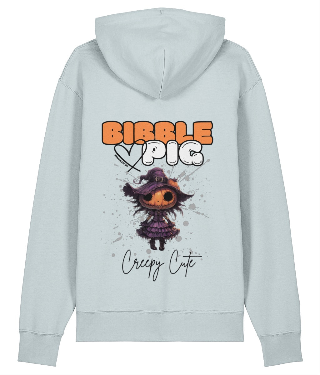 Back view of a ice blue oversized organic hoodie with our Bibble Pig Signature Bold Logo and Creepy Cute Pumpkin Willow Doll Graphic. 