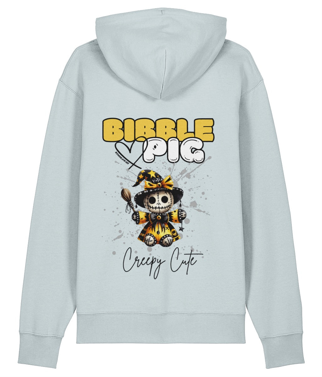 Back view of an ice blue oversized organic hoodie with our Bibble Pig Signature Bold Logo and Creepy Cute Soul Creeper Doll Graphic.
