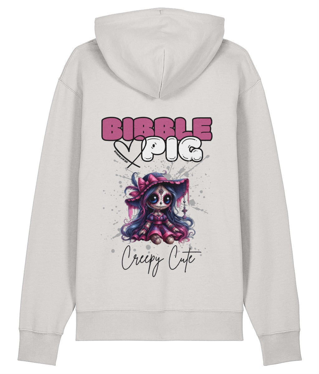 Back view of an off-white oversized organic hoodie with our Bibble Pig Signature Bold Logo and Creepy Cute Hexberry Doll Graphic.