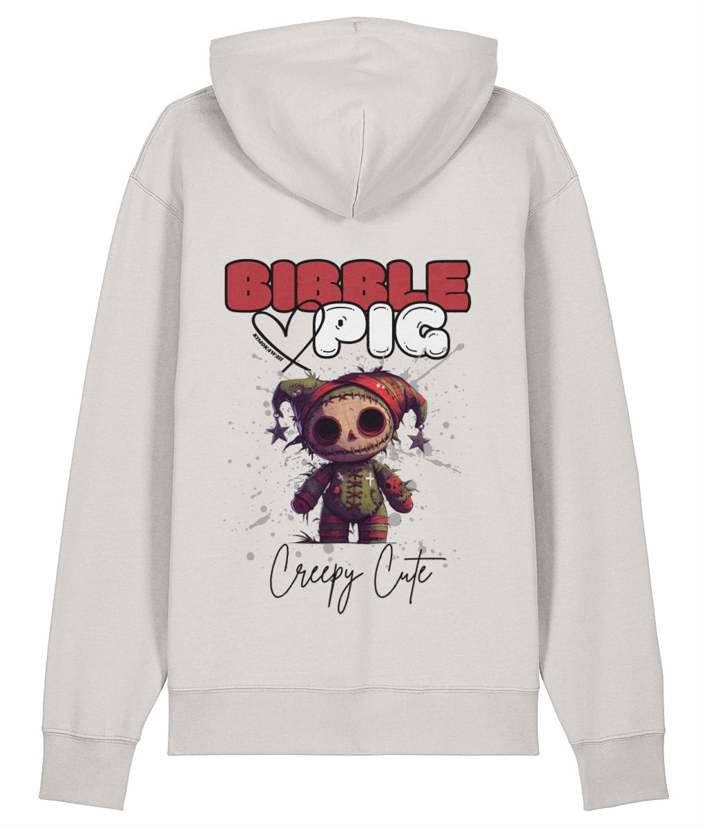 Off white organic hoodie with a voodoo style doll graphic and large Bibble Pig Logo and large heart.