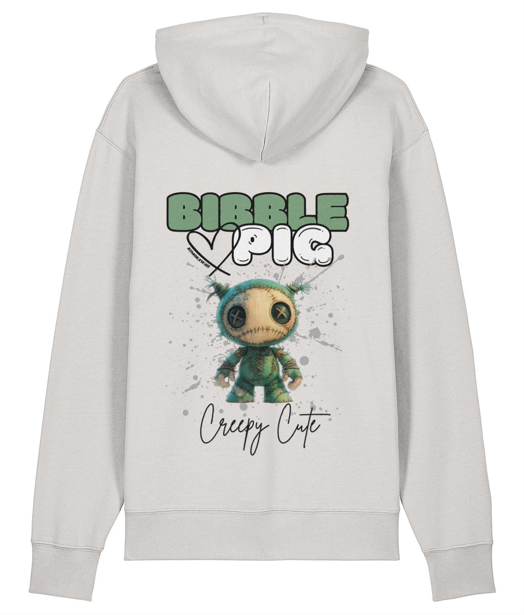 Back view of an off white oversized organic hoodie with our Bibble Pig Signature Bold Logo and Creepy Cute Night Terror Doll Graphic.  