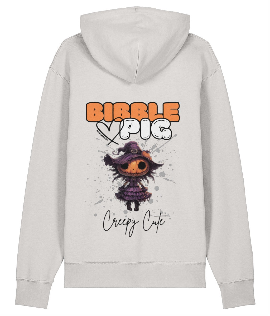 Back view of an off-white oversized organic hoodie with our Bibble Pig Signature Bold Logo and Creepy Cute Pumpkin Willow Doll Graphic. 