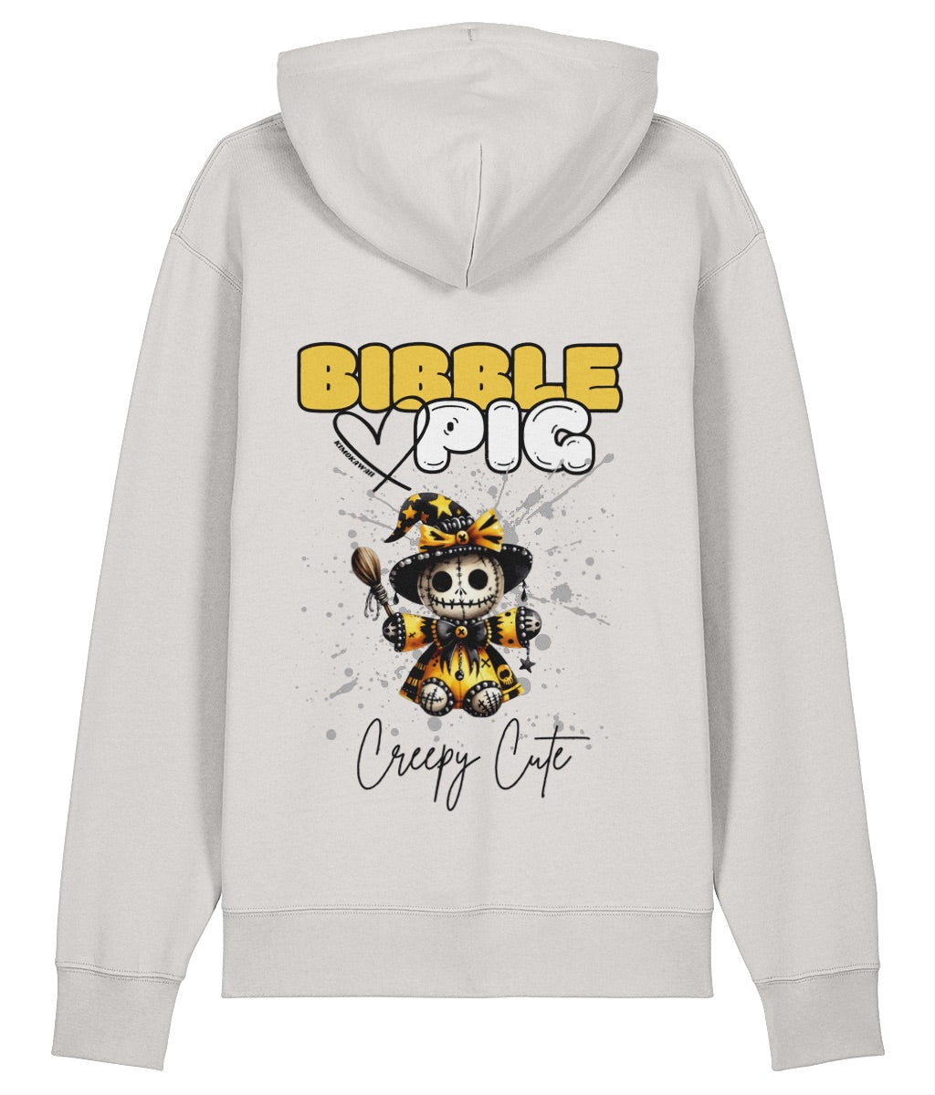 Back view of an off white oversized organic hoodie with our Bibble Pig Signature Bold Logo and Creepy Cute Soul Creeper Doll Graphic.