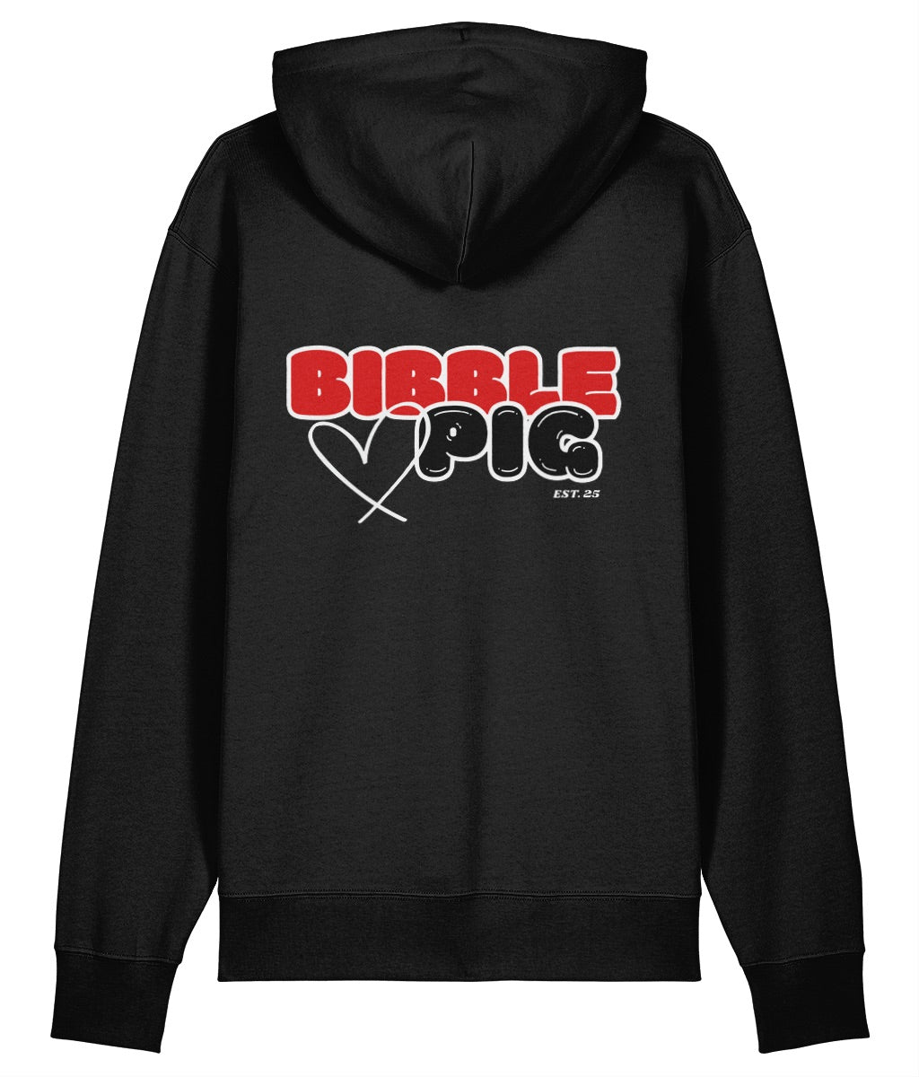 Black oversized hoodie with large bold Bibble Pig back print graphic.