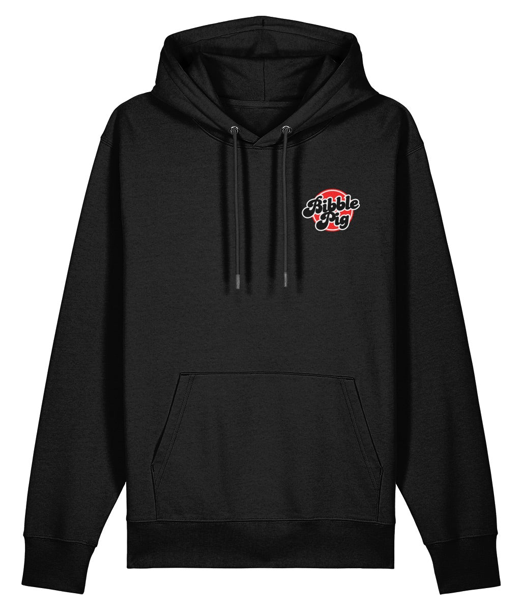 Black oversized hoodie with bold Bibble Pig back print graphic.