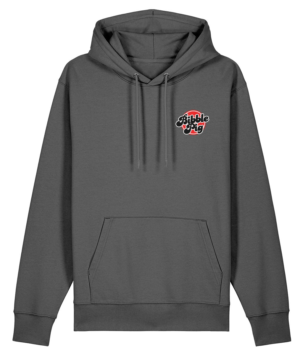 Grey oversized hoodie with large bold Bibble Pig back and front graphic.