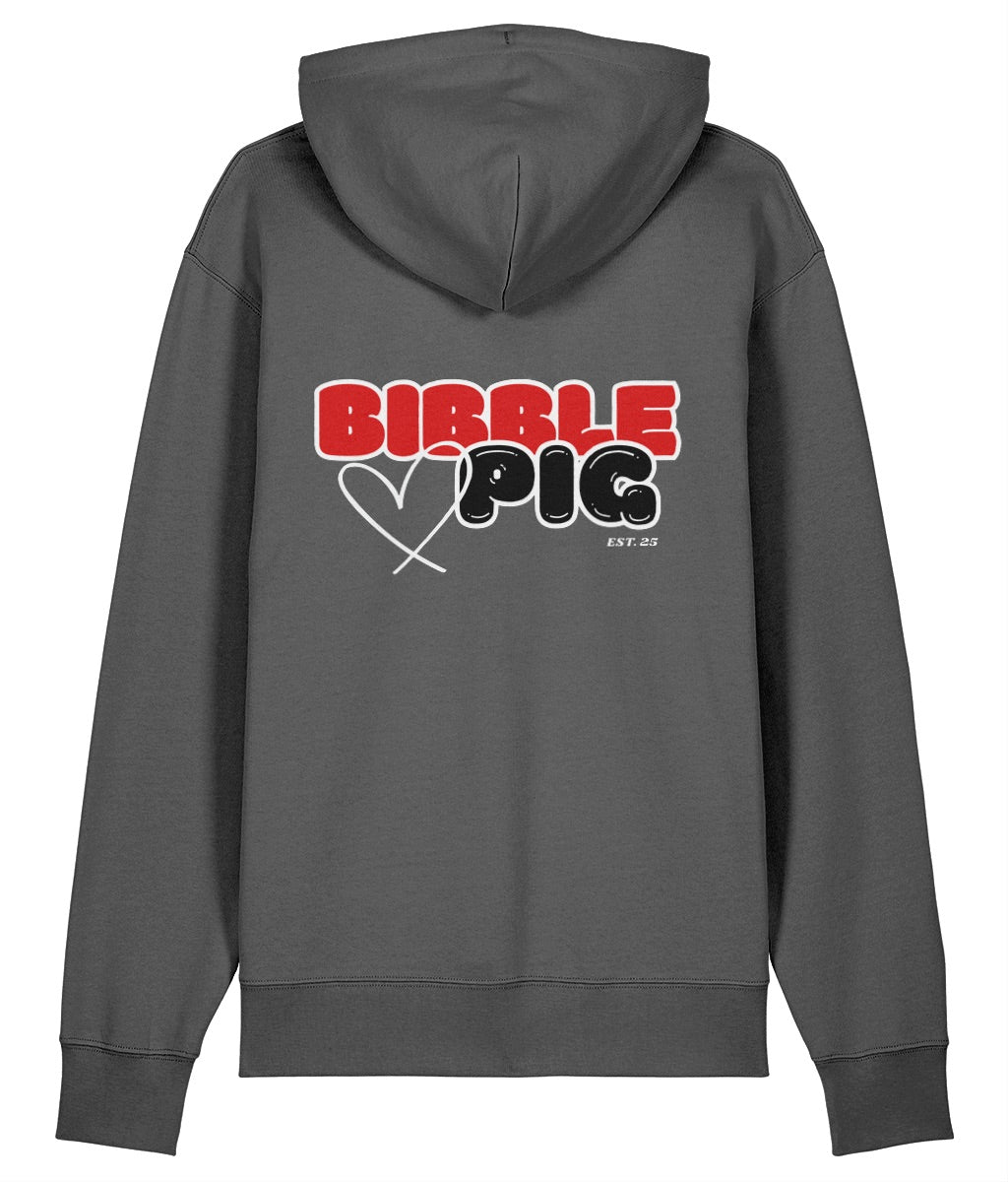 Grey oversized hoodie with large bold Bibble Pig back print graphic.