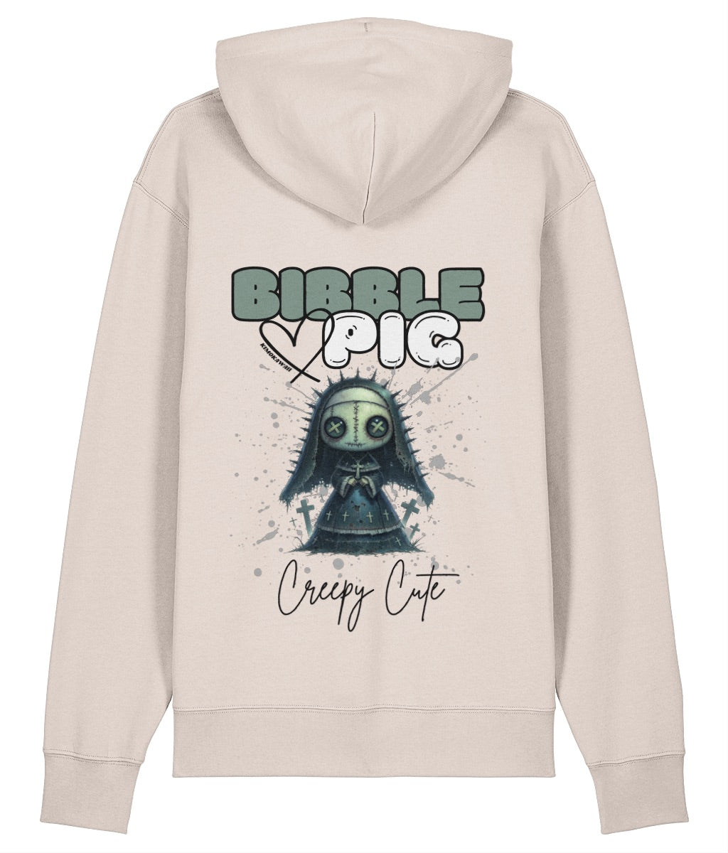 Back view of a cream oversized organic hoodie with our Bibble Pig Signature Bold Logo and Creepy Cute Nightshade Nun Graphic.  