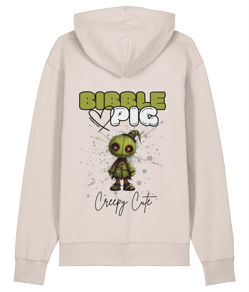Back view of an eco-heather oversized organic hoodie with our Bibble Pig Signature Bold Logo and Creepy Cute Tattered Stitches Graphic.  