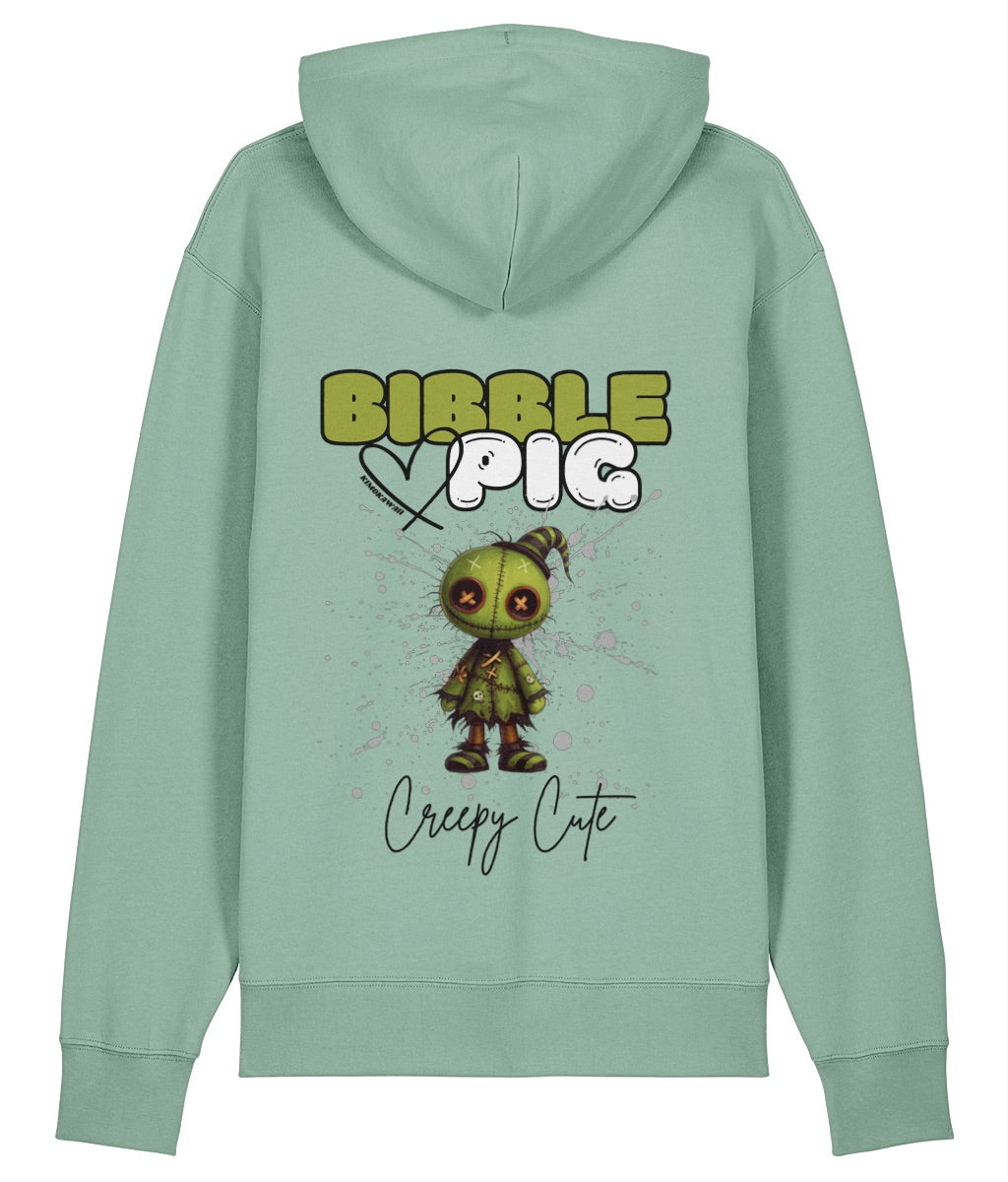 Back view of a green oversized organic hoodie with our Bibble Pig Signature Bold Logo and Creepy Cute Tattered Stitches Graphic.  