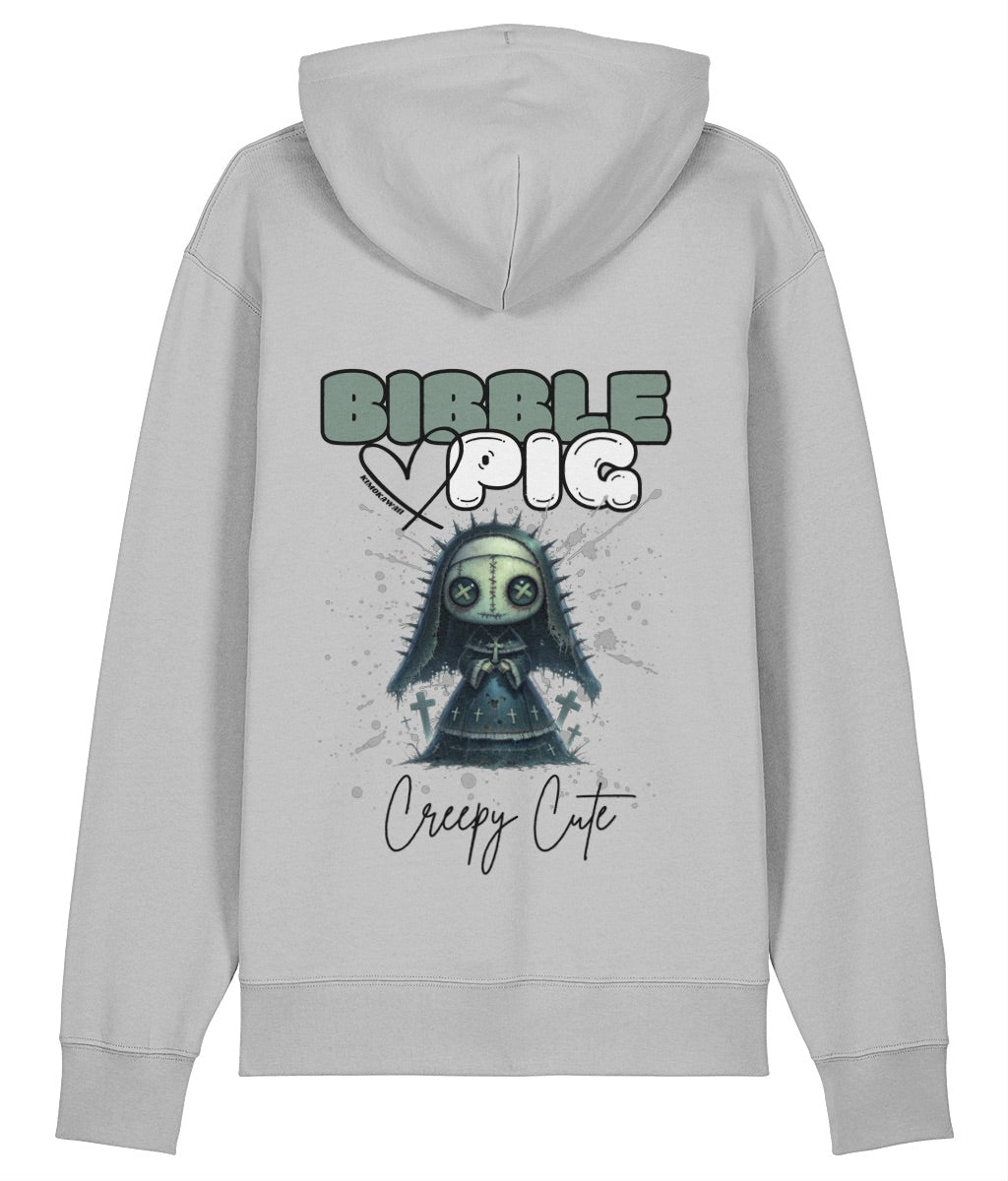 Back view of a grey oversized organic hoodie with our Bibble Pig Signature Bold Logo and Creepy Cute Nightshade Nun Graphic.  