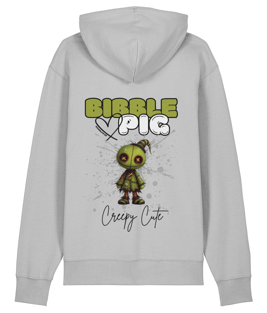 Back view of a grey oversized organic hoodie with our Bibble Pig Signature Bold Logo and Creepy Cute Tattered Stitches Graphic.  