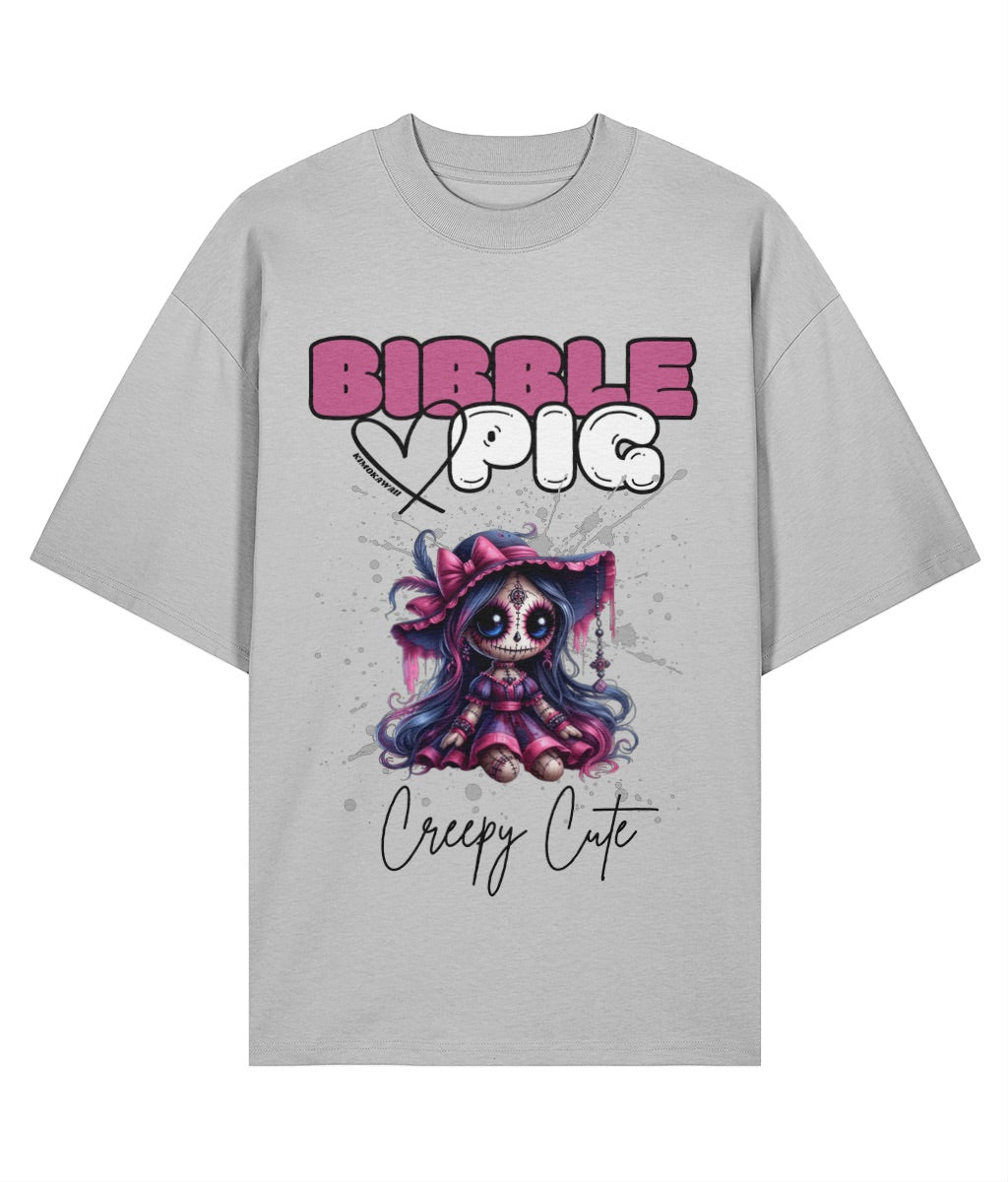 Grey oversized organic t-shirt with creepy cute voodoo doll graphic and large bibble pig logo.