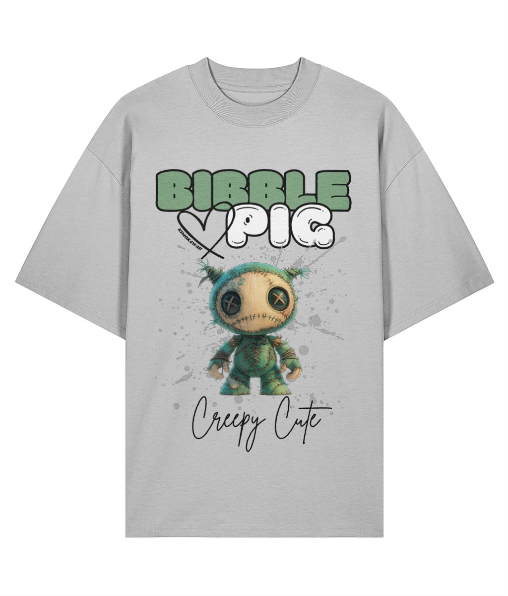 Front view of a grey oversized organic t-shirt with our bold Bibble Pig Logo featuring the Creepy Cute Night Terror Voodoo Doll.