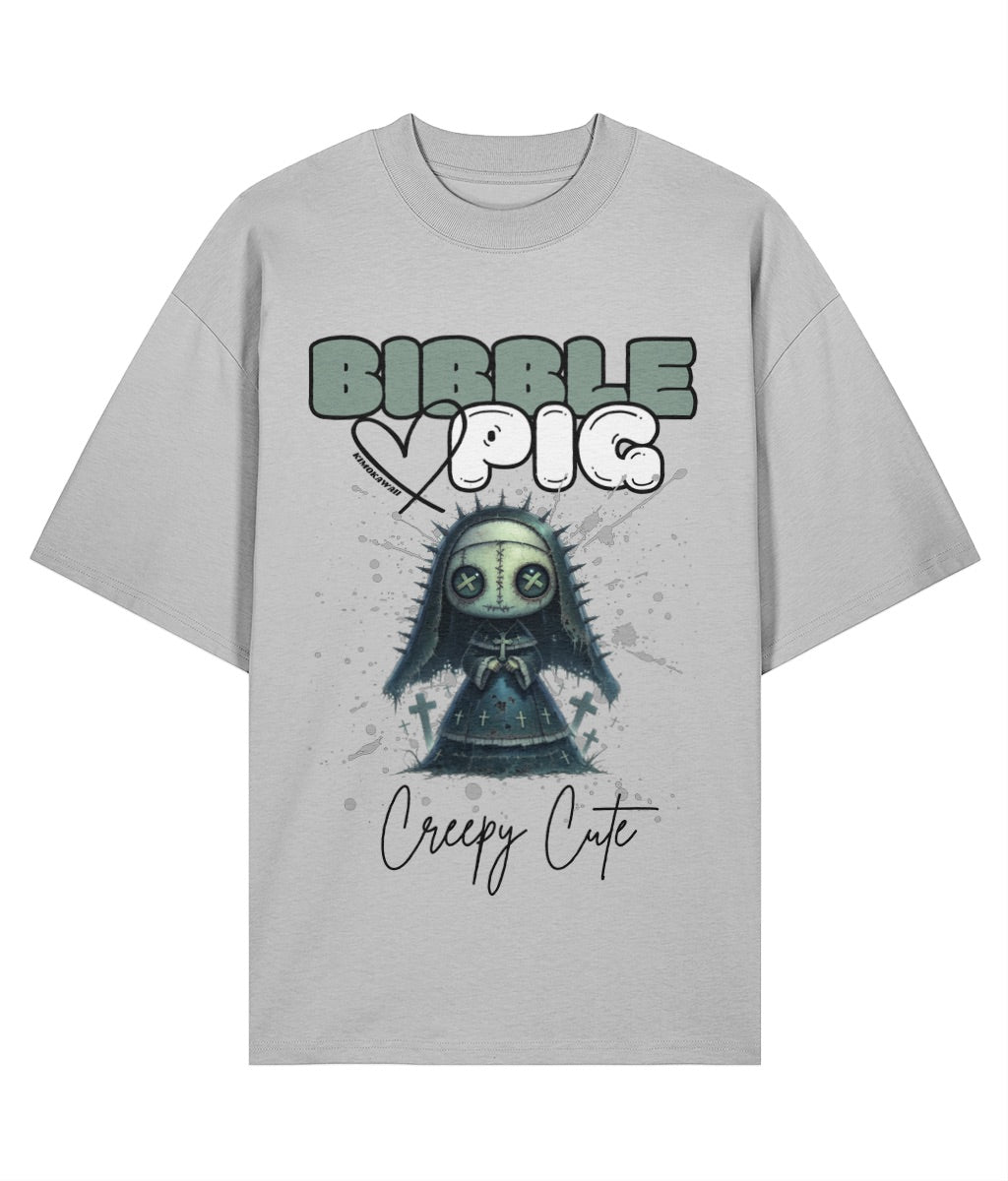 Front view of a grey oversized organic t-shirt with our bold Bibble Pig Logo featuring the Creepy Cute Nightshade Nun Voodoo Doll.