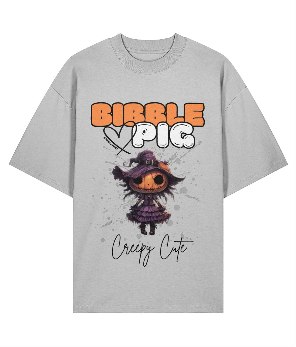 Front view of a grey oversized organic t-shirt with our bold Bibble Pig Logo featuring the Creepy Cute Pumpkin Willow Voodoo Doll.