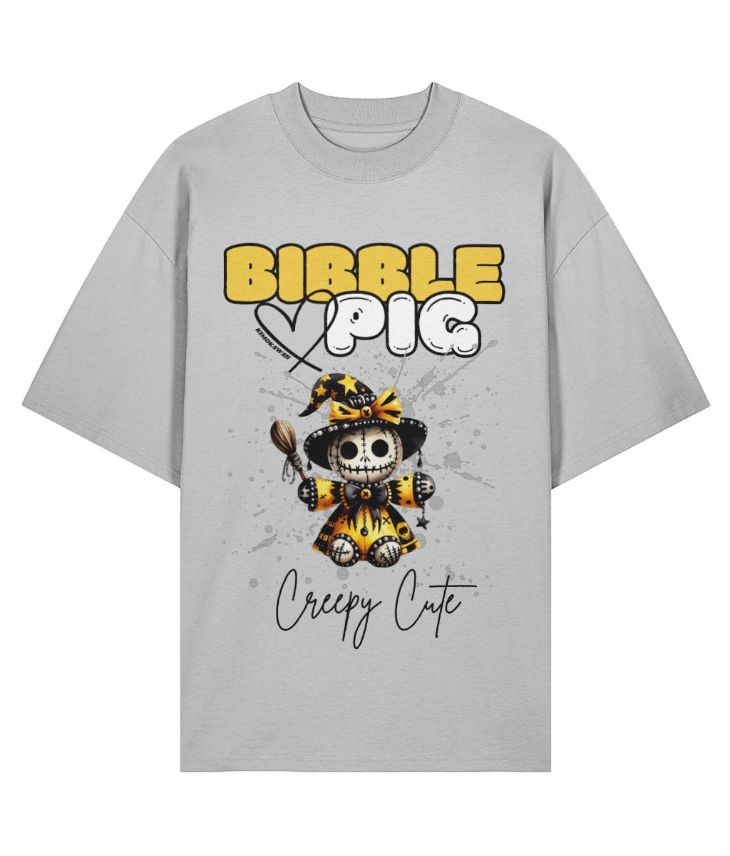 Grey organic cotton t-shirt with bold voodoo doll graphic and Bibble Pig Logo.