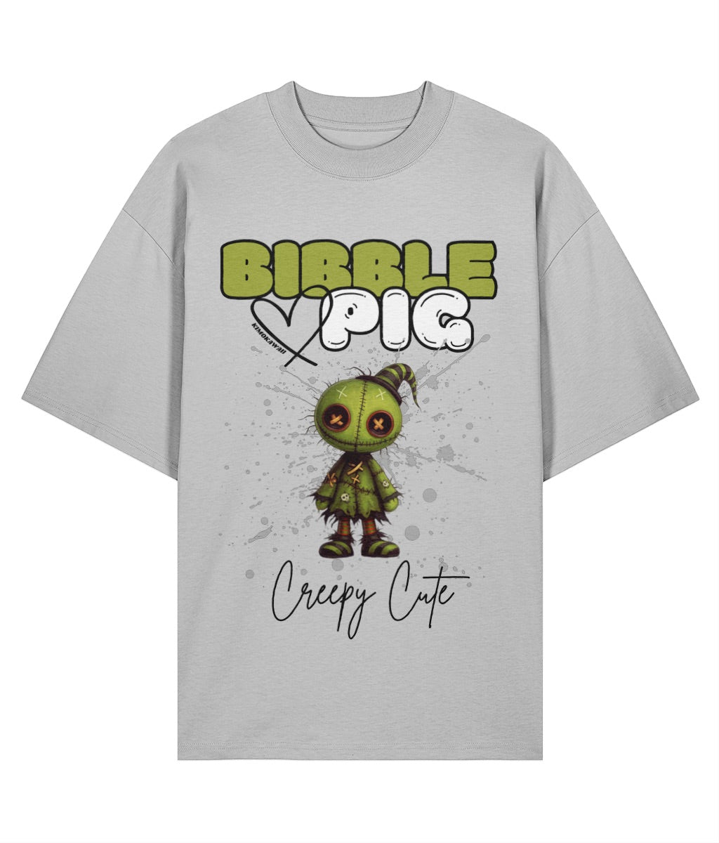 Front view of a grey oversized organic t-shirt with our bold Bibble Pig Logo featuring the Creepy Cute Tattered Stitches Voodoo Doll.