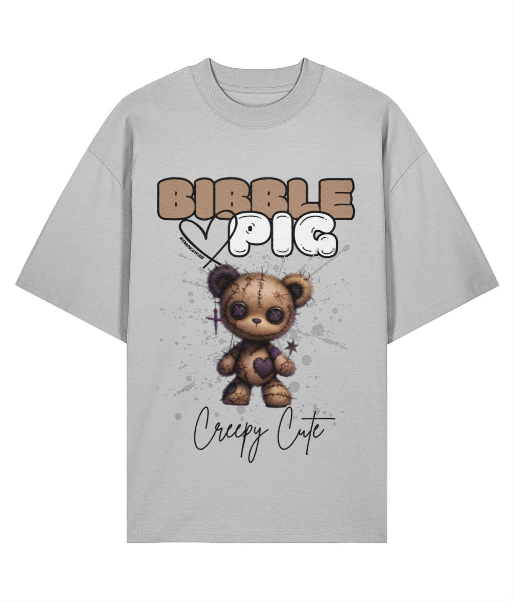 Grey oversized organic t-shirt with voodoo doll style teddy bear and large bibble pig logo.
