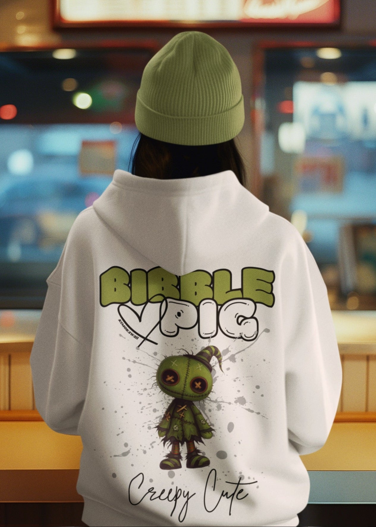 Model wearing eco-heather organic hoodie featuring goth style creepy cute Tattered Stitches graphic.