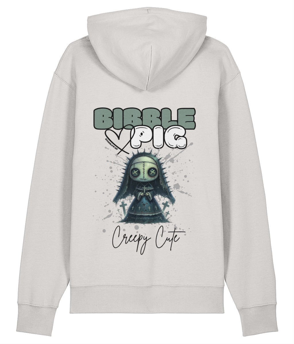 Back view of an off white oversized organic hoodie with our Bibble Pig Signature Bold Logo and Creepy Cute Nightshade Nun Graphic.  