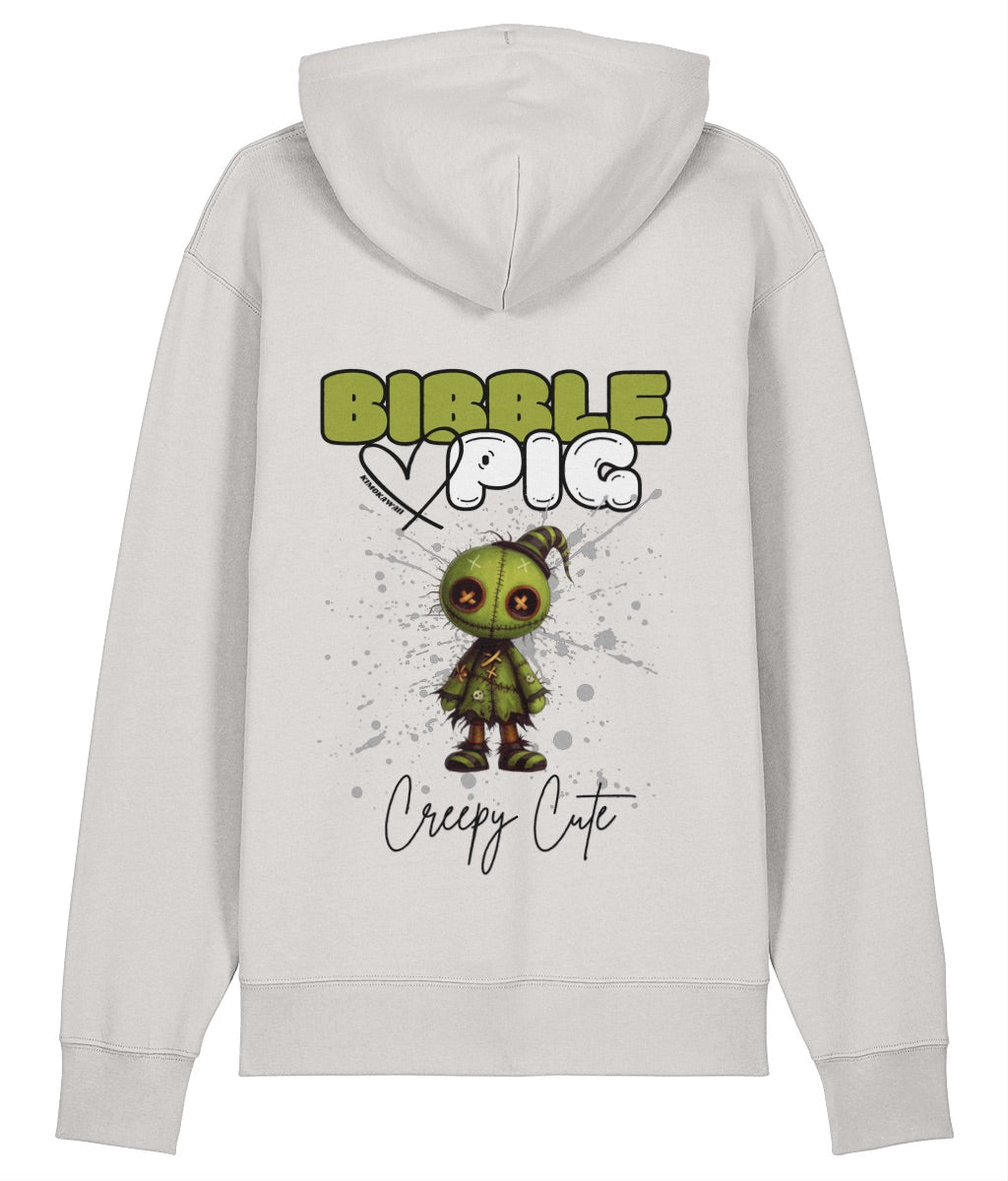 Back view of an off white oversized organic hoodie with our Bibble Pig Signature Bold Logo and Creepy Cute Tattered Stitches Graphic.  