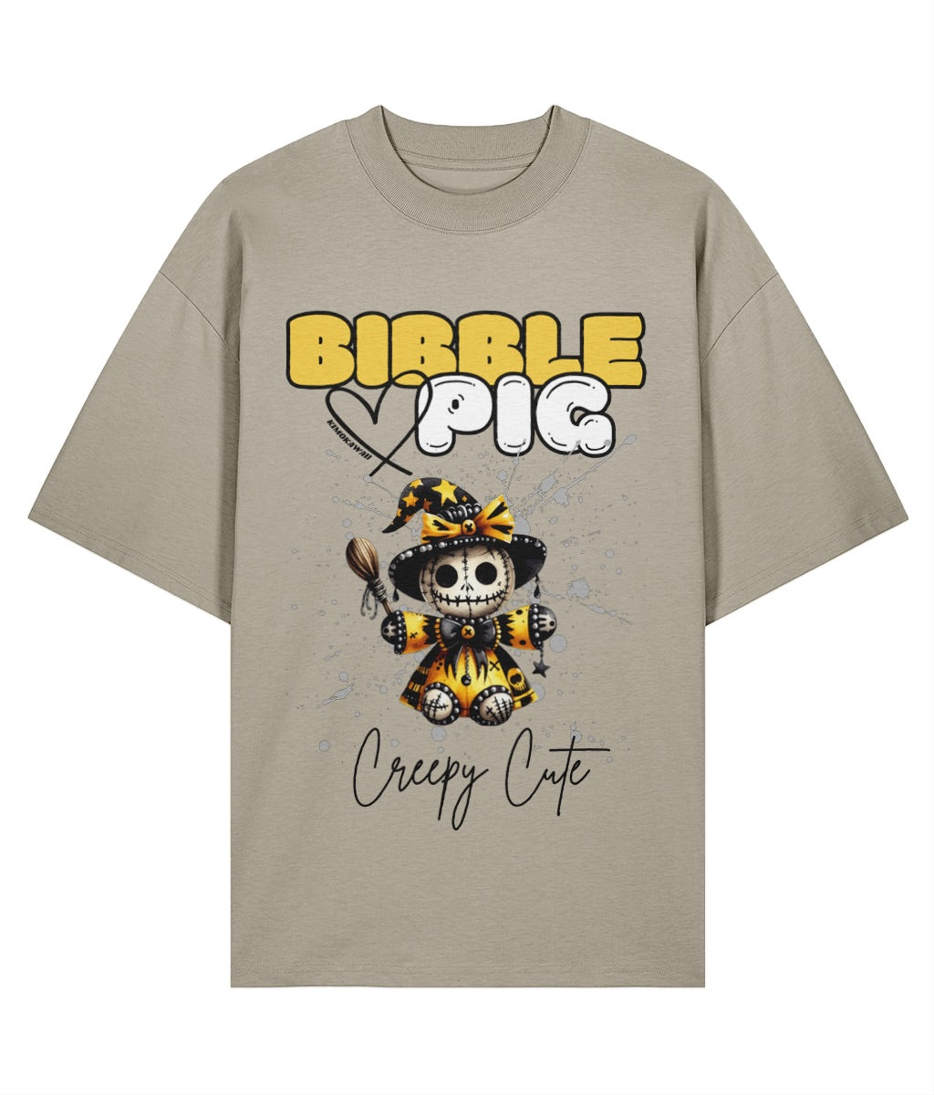 Stone organic cotton t-shirt with bold voodoo doll graphic and Bibble Pig Logo.