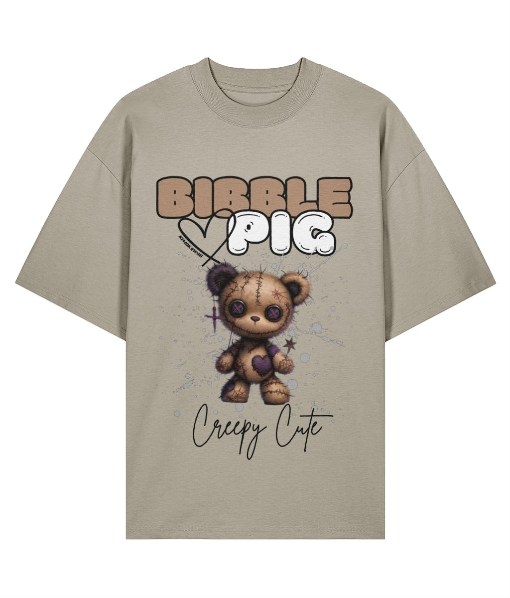 Stone oversized organic t-shirt with voodoo doll style teddy bear and large bibble pig logo.