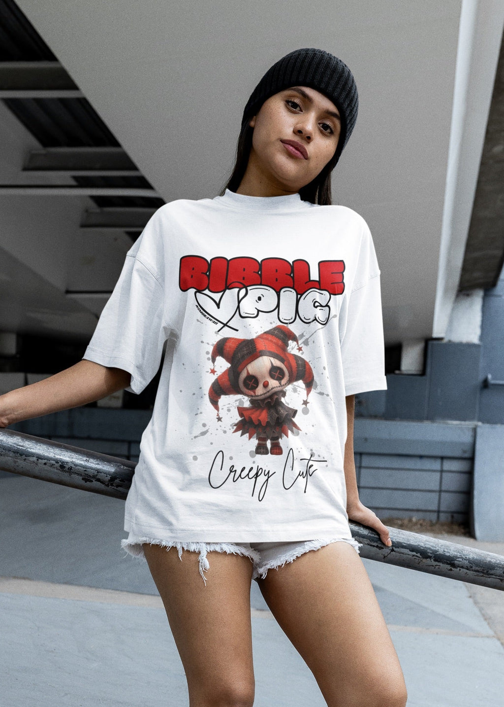 Close up of a model wearing white oversized t-shirt featuring Luna Voodoo doll graphic and bold Bibble Pig Logo.