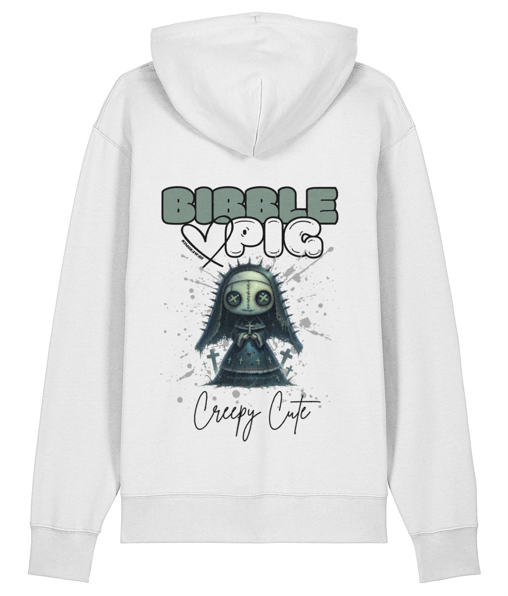 Back view of a white oversized organic hoodie with our Bibble Pig Signature Bold Logo and Creepy Cute Nightshade Nun Graphic.  