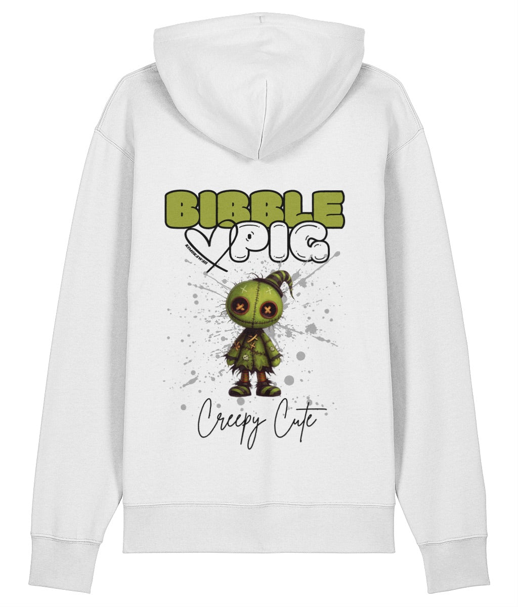 Back view of a white oversized organic hoodie with our Bibble Pig Signature Bold Logo and Creepy Cute Tattered Stitches Graphic.  