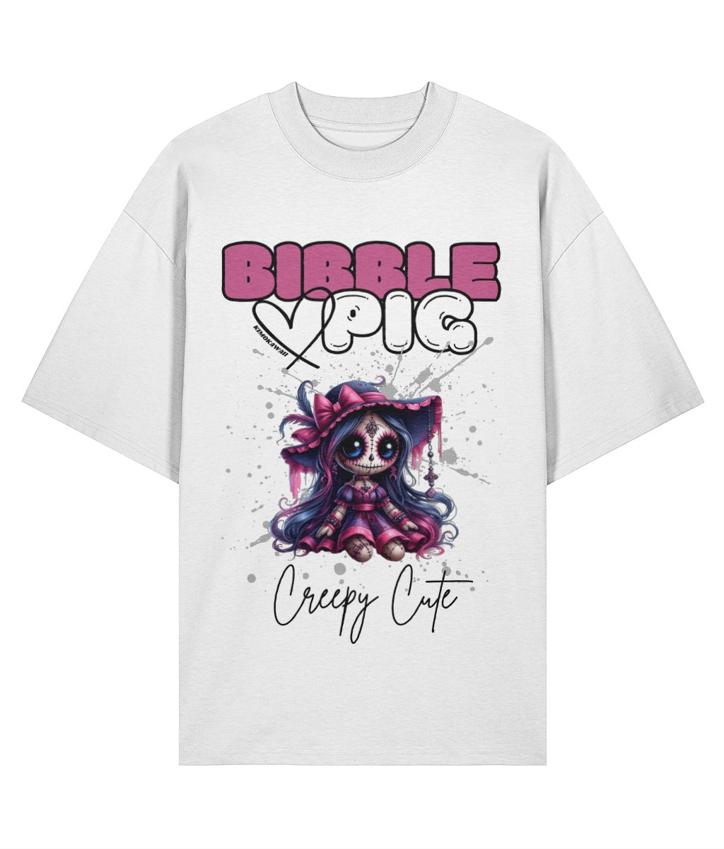 White oversized organic t-shirt with creepy cute voodoo doll graphic and large bibble pig logo.