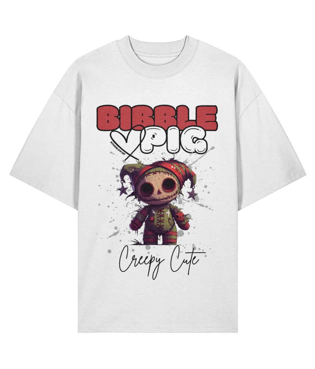 White organic cotton t-shirt with bold hollow eyes voodoo doll graphic and large bibble pig logo.