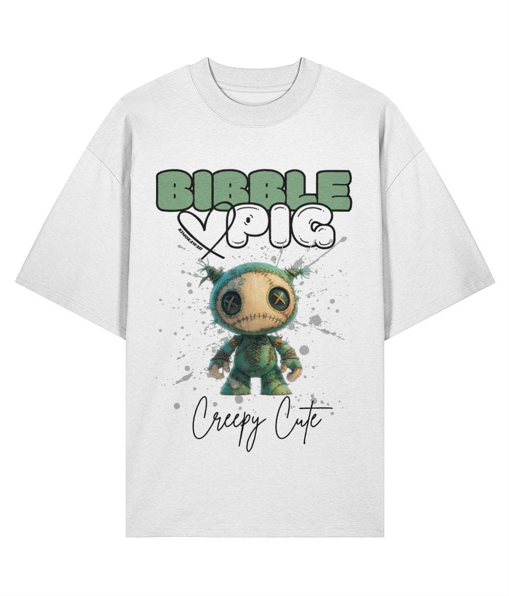 Front view of a white oversized organic t-shirt with our bold Bibble Pig Logo featuring the Creepy Cute Night Terror Voodoo Doll.