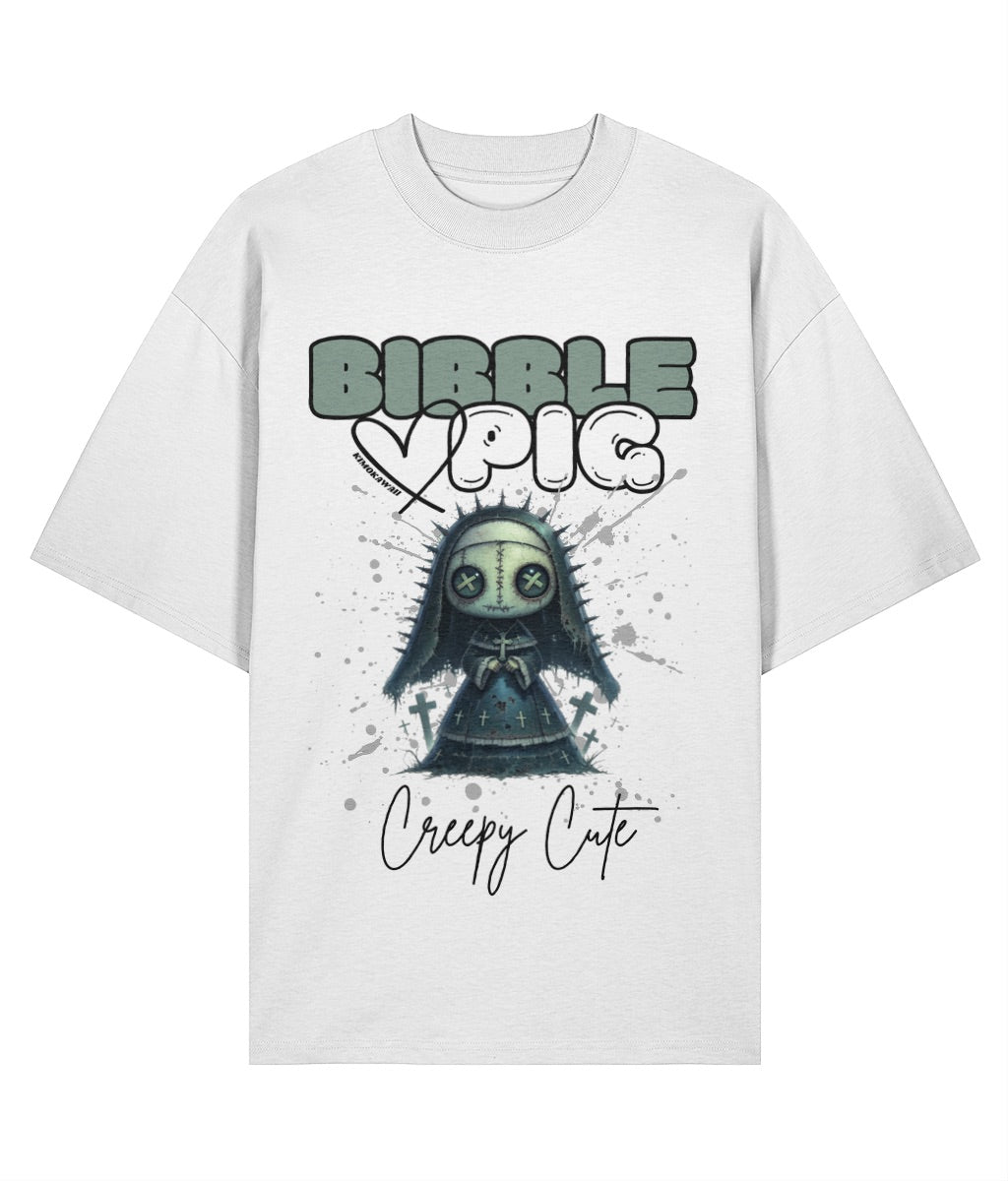 Front view of a white oversized organic t-shirt with our bold Bibble Pig Logo featuring the Creepy Cute Nightshade Nun Voodoo Doll.