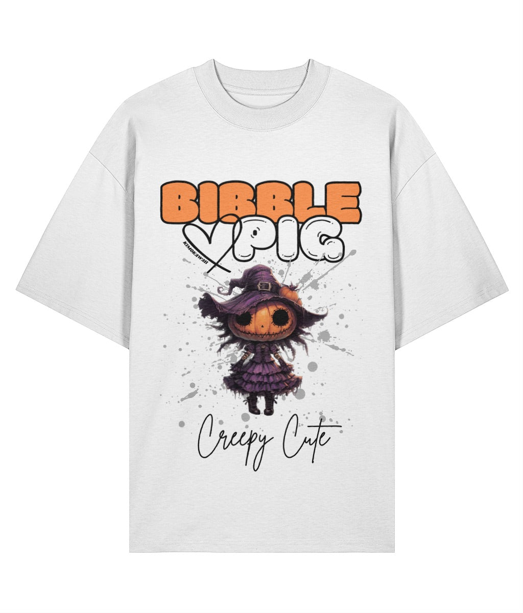 Front view of a white oversized organic t-shirt with our bold Bibble Pig Logo featuring the Creepy Cute Pumpkin Willow Voodoo Doll.